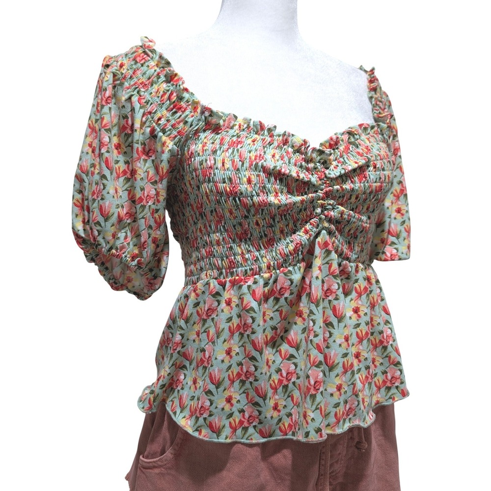 NWT Lulus Sage Green Floral Smocked Puff Sleeve Peplum Top Medium Cottage Boho